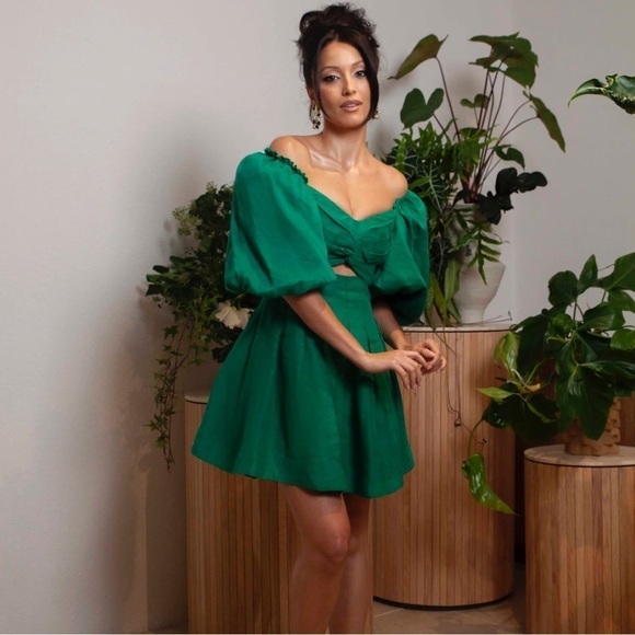 AJE Dusk Knot Puff Sleeve Emerald Green Mini Dress size 4 - Picture 1 of 6